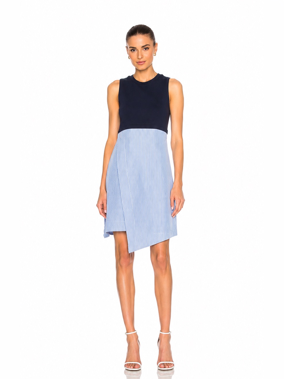 Carven Asymmetrical Stripe Dress Navy Blue Sleeveless Mixed Media Dress Size S
